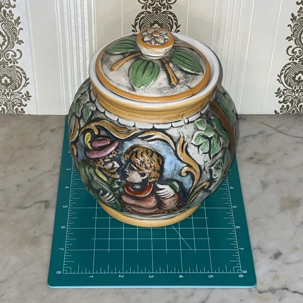 Vintage Ceramic Bavarian Biscuit or‎ Tobacco Jar | Hand Painted Lovers in Relief